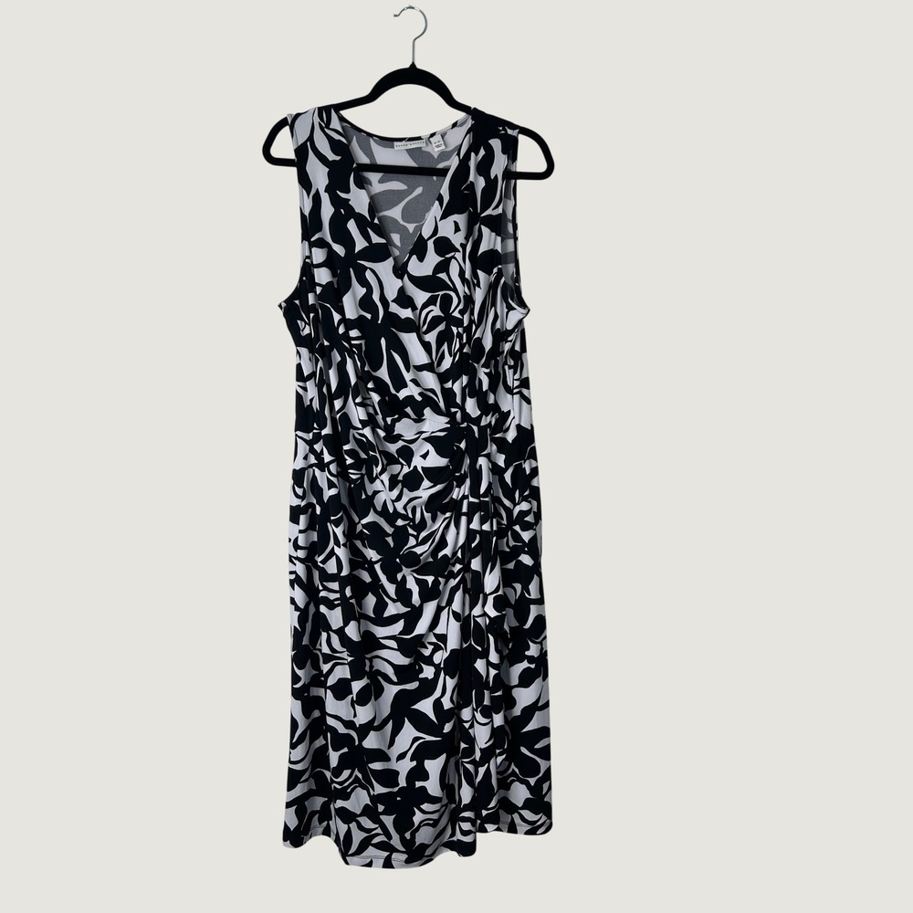 Susan Graver Faux Wrap Dress Womens XLT Black White Abstract Floral Sleeveless